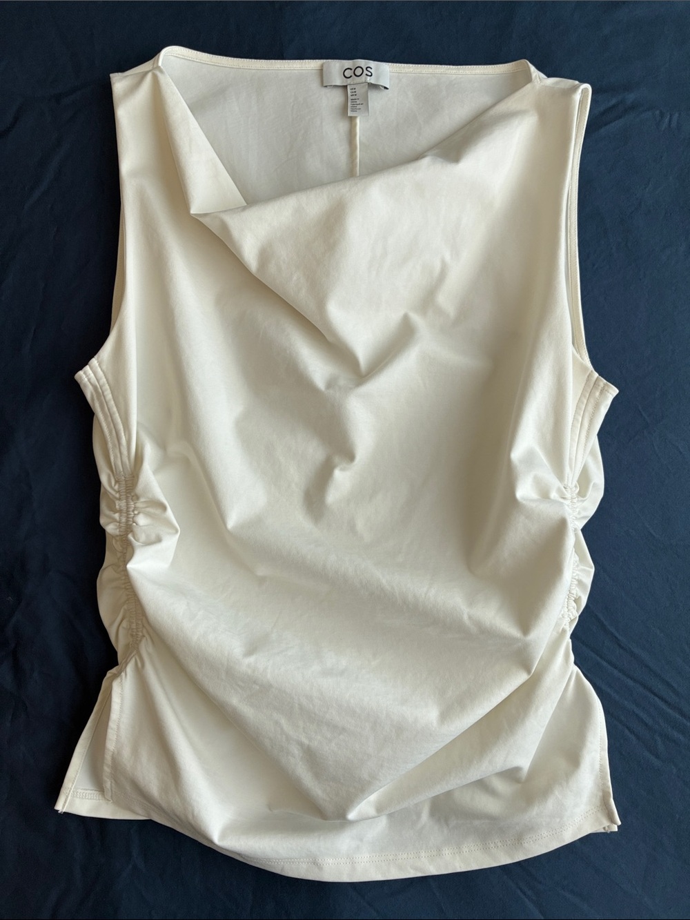 COS Cowl Neck Gathered Cotton-Blend Top in Off-White, Size Medium